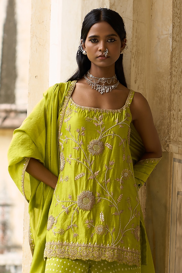 Lime Green Silk & Silk Chanderi Bandhani Wedding Sharara Set by Pink City By Sarika at Pernia's Pop Up Shop