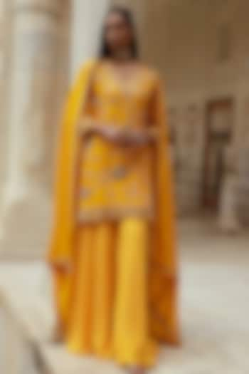 Yellow Silk & Silk Chanderi Bandhani Sharara Set by Pink City By Sarika at Pernia's Pop Up Shop