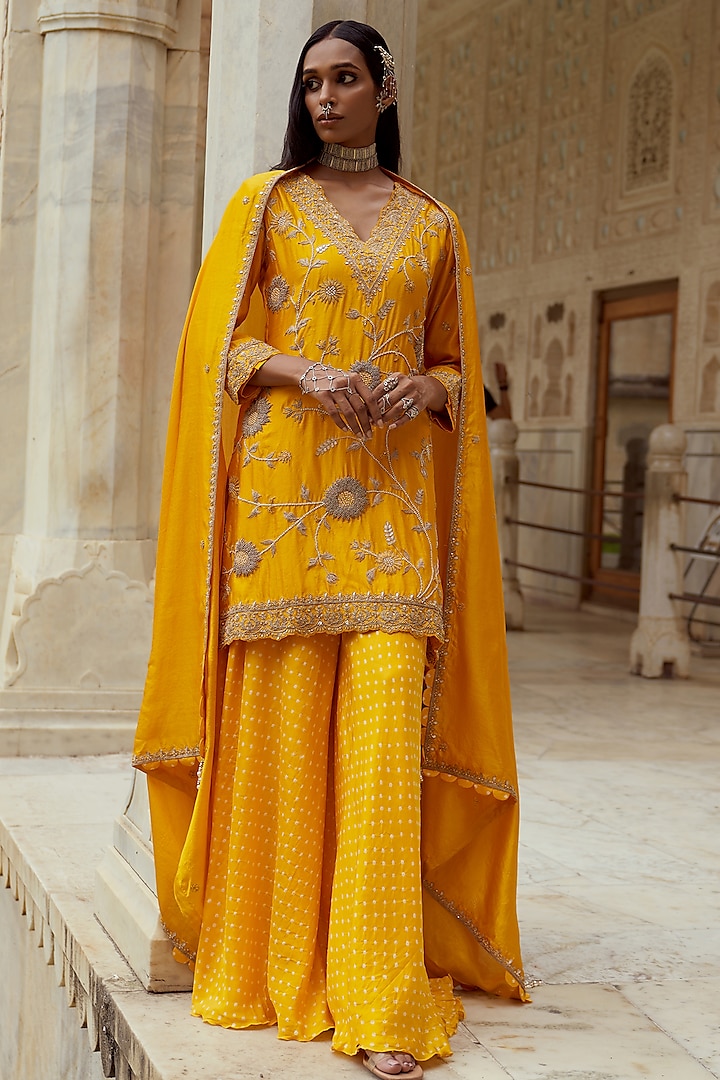 Yellow Silk & Silk Chanderi Bandhani Sharara Set by Pink City By Sarika at Pernia's Pop Up Shop