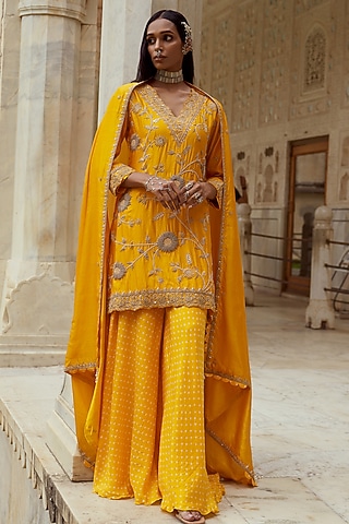 Yellow Silk & Silk Chanderi Bandhani Sharara Set by Pink City By Sarika