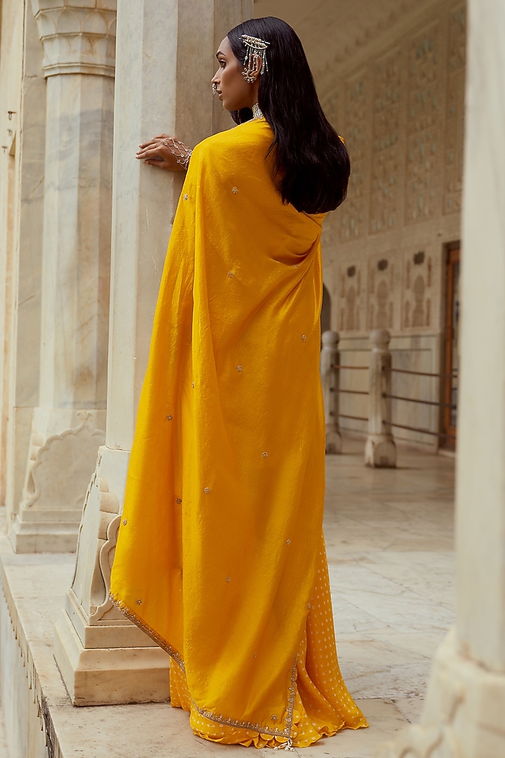 Yellow Silk & Silk Chanderi Bandhani Wedding Sharara Set by Pink City By Sarika at Pernia's Pop Up Shop