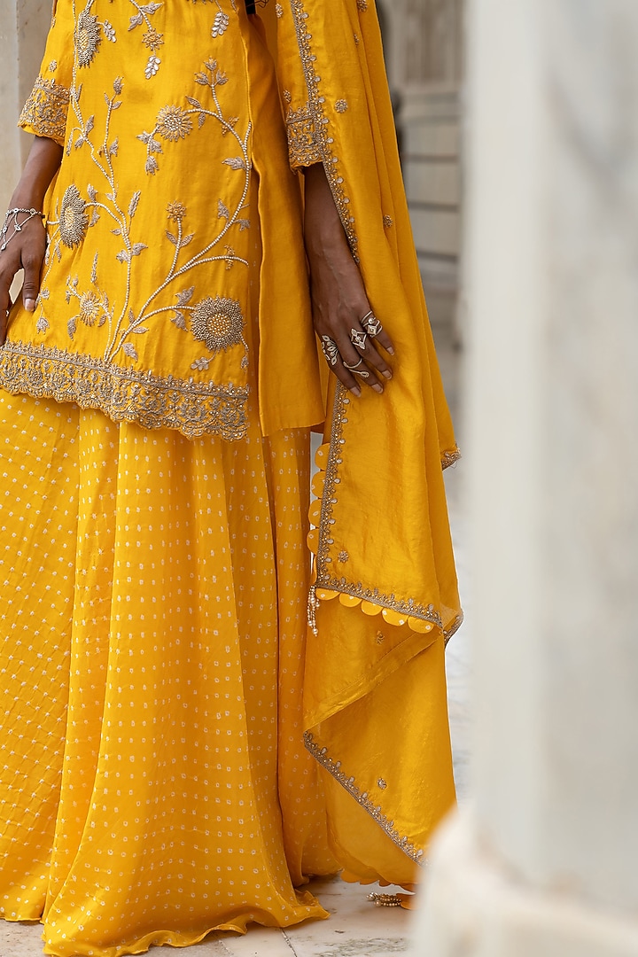 Yellow Silk & Silk Chanderi Bandhani Wedding Sharara Set by Pink City By Sarika at Pernia's Pop Up Shop