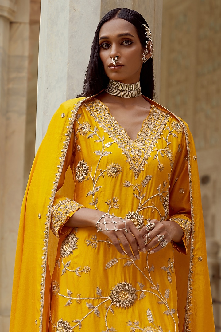 Yellow Silk & Silk Chanderi Bandhani Wedding Sharara Set by Pink City By Sarika at Pernia's Pop Up Shop