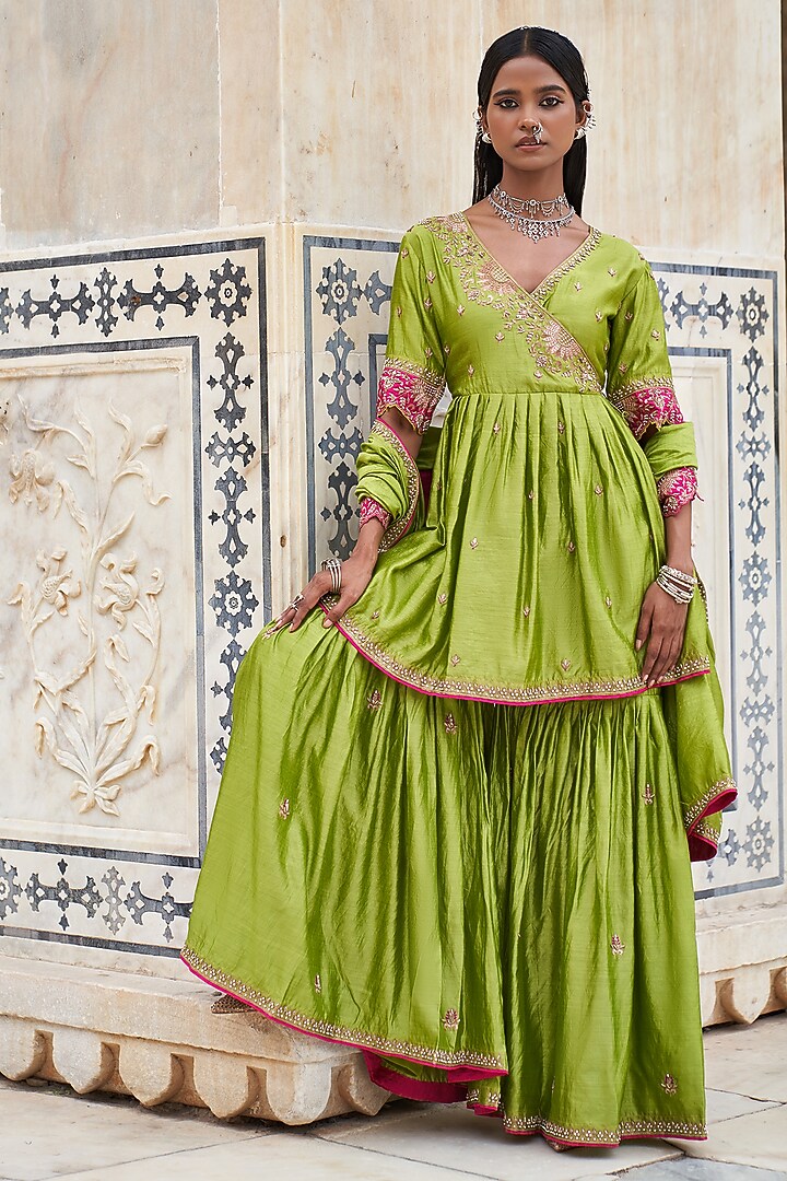 Lime Green Silk Chanderi Wedding Sharara Set by Pink City By Sarika at Pernia's Pop Up Shop