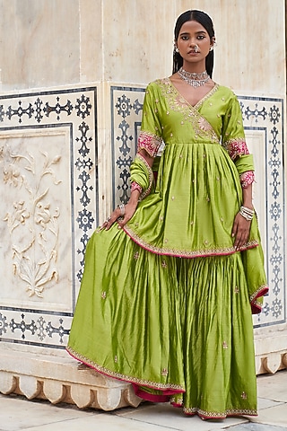 Lime Green Silk Chanderi Sharara Set by Pink City By Sarika