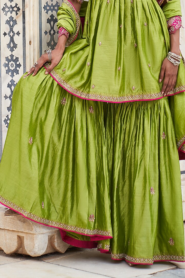 Lime Green Silk Chanderi Wedding Sharara Set by Pink City By Sarika at Pernia's Pop Up Shop
