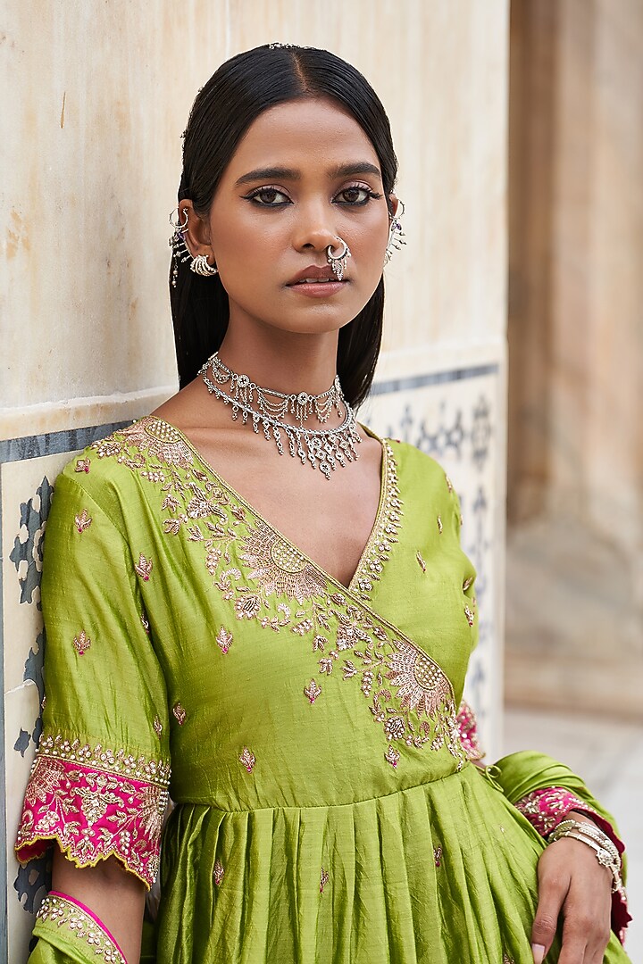 Lime Green Silk Chanderi Wedding Sharara Set by Pink City By Sarika at Pernia's Pop Up Shop