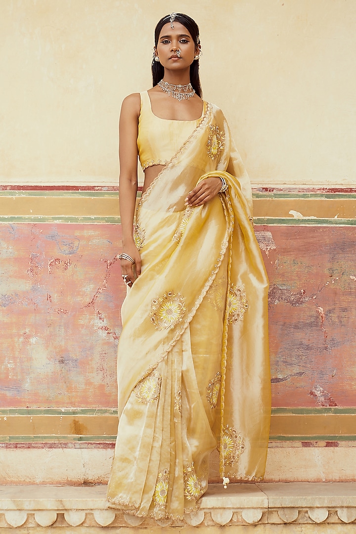 Lemon Yellow Silk Tissue Floral Embroidered Saree Set by Pink City By Sarika at Pernia's Pop Up Shop