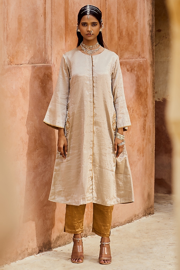 Silver Tissue Floral Embroidered Kurta Set by Pink City By Sarika at Pernia's Pop Up Shop