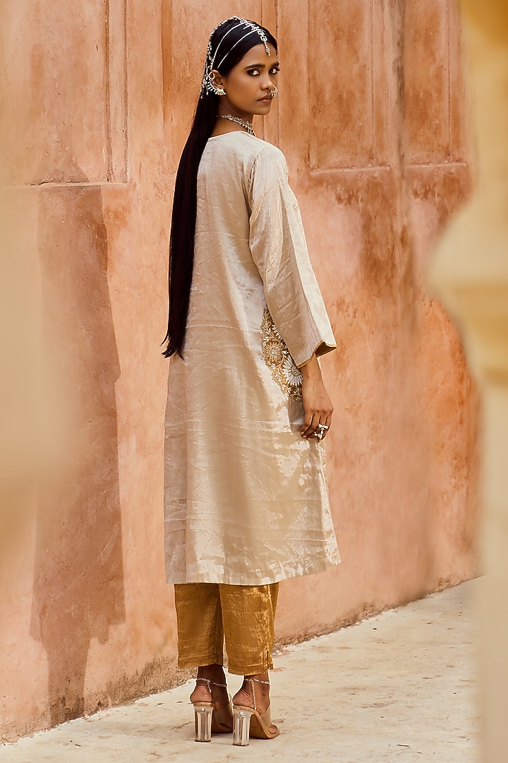 Silver Tissue Floral Embroidered Kurta Set by Pink City By Sarika at Pernia's Pop Up Shop