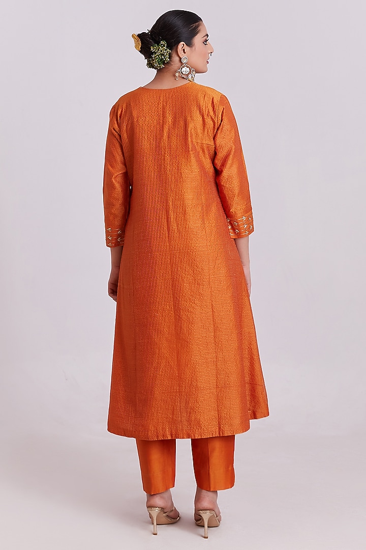 Rust Orange Checks Zari Floral Embroidered Kurta Set by Pink City By Sarika at Pernia's Pop Up Shop