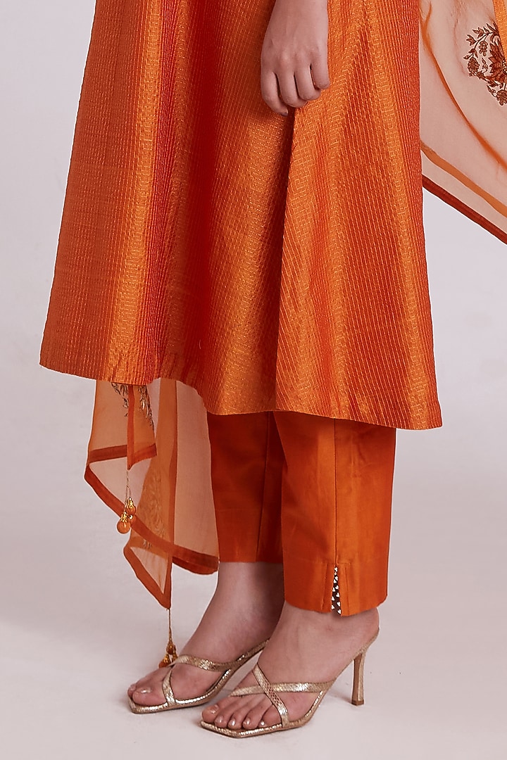Rust Orange Checks Zari Floral Embroidered Kurta Set by Pink City By Sarika at Pernia's Pop Up Shop