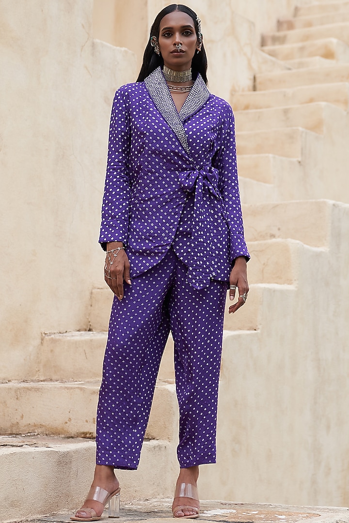 Purple Silk Bandhej Blazer Set by Pink City By Sarika at Pernia's Pop Up Shop