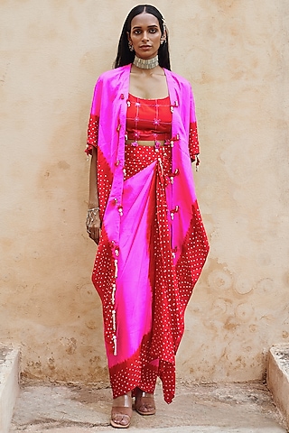 Hot Pink & Red Silk Bandhej Cape Set by Pink City By Sarika