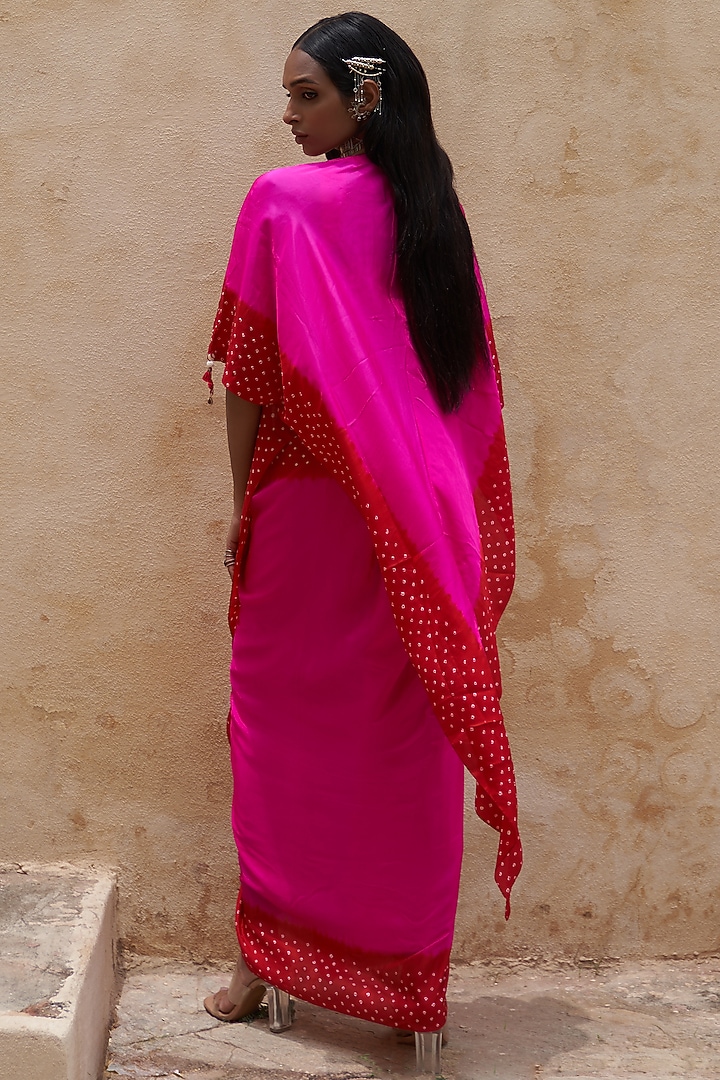 Hot Pink & Red Silk Bandhej Cape Set by Pink City By Sarika at Pernia's Pop Up Shop
