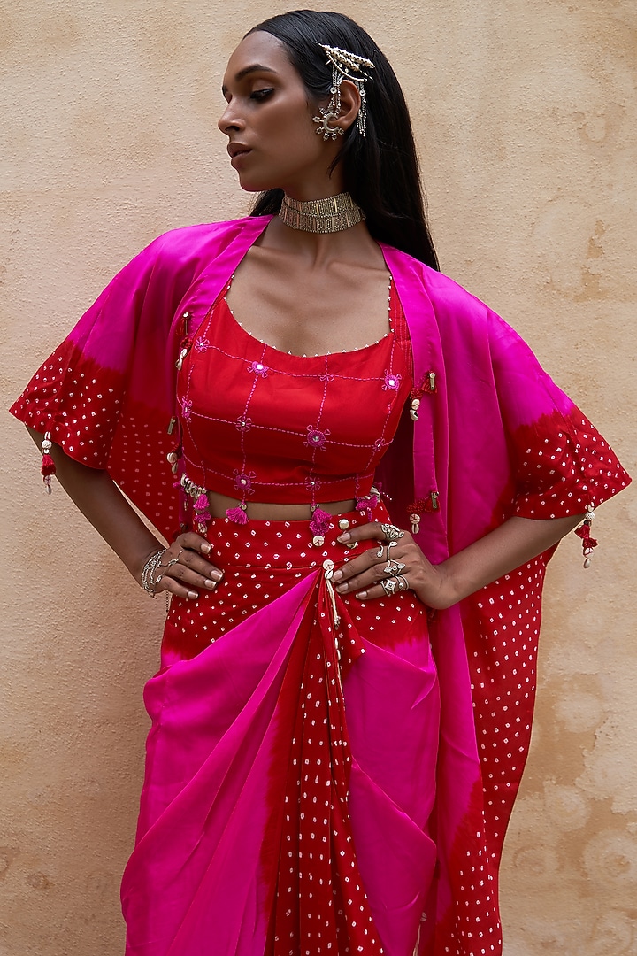 Hot Pink & Red Silk Bandhej Cape Set by Pink City By Sarika at Pernia's Pop Up Shop