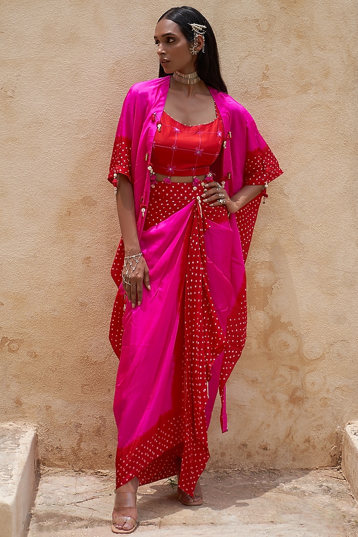 Hot Pink & Red Silk Bandhej Cape Set by Pink City By Sarika at Pernia's Pop Up Shop