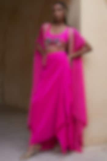 Hot Pink Silk Bandhej Cape Set by Pink City By Sarika at Pernia's Pop Up Shop