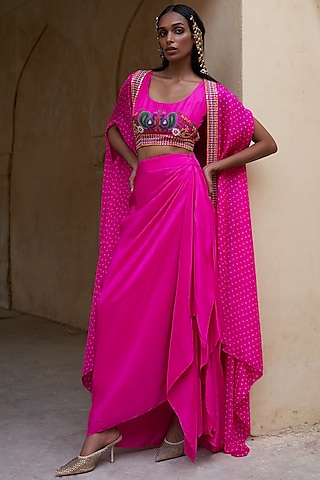 Hot Pink Silk Bandhej Cape Set by Pink City By Sarika