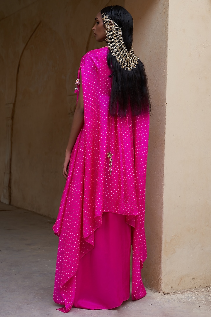 Hot Pink Silk Bandhej Cape Set by Pink City By Sarika at Pernia's Pop Up Shop