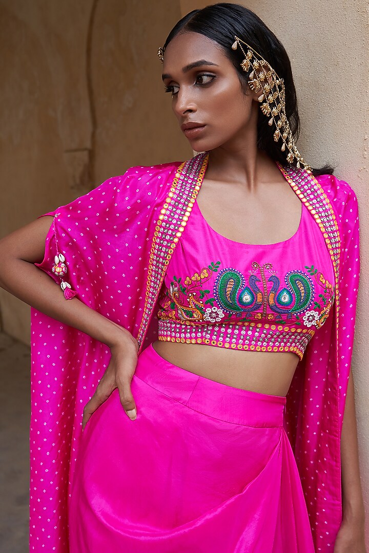 Hot Pink Silk Bandhej Cape Set by Pink City By Sarika at Pernia's Pop Up Shop