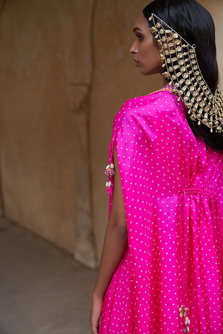 Hot Pink Silk Bandhej Cape Set by Pink City By Sarika at Pernia's Pop Up Shop