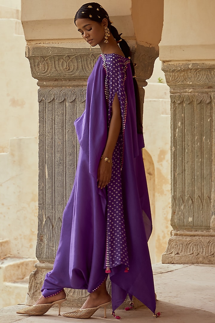 Purple Silk Bandhani Cape Set by Pink City By Sarika at Pernia's Pop Up Shop