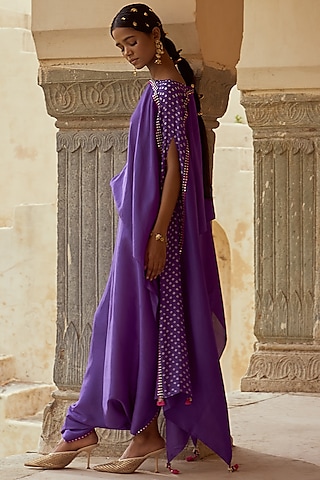 Purple Silk Bandhani Cape Set by Pink City By Sarika