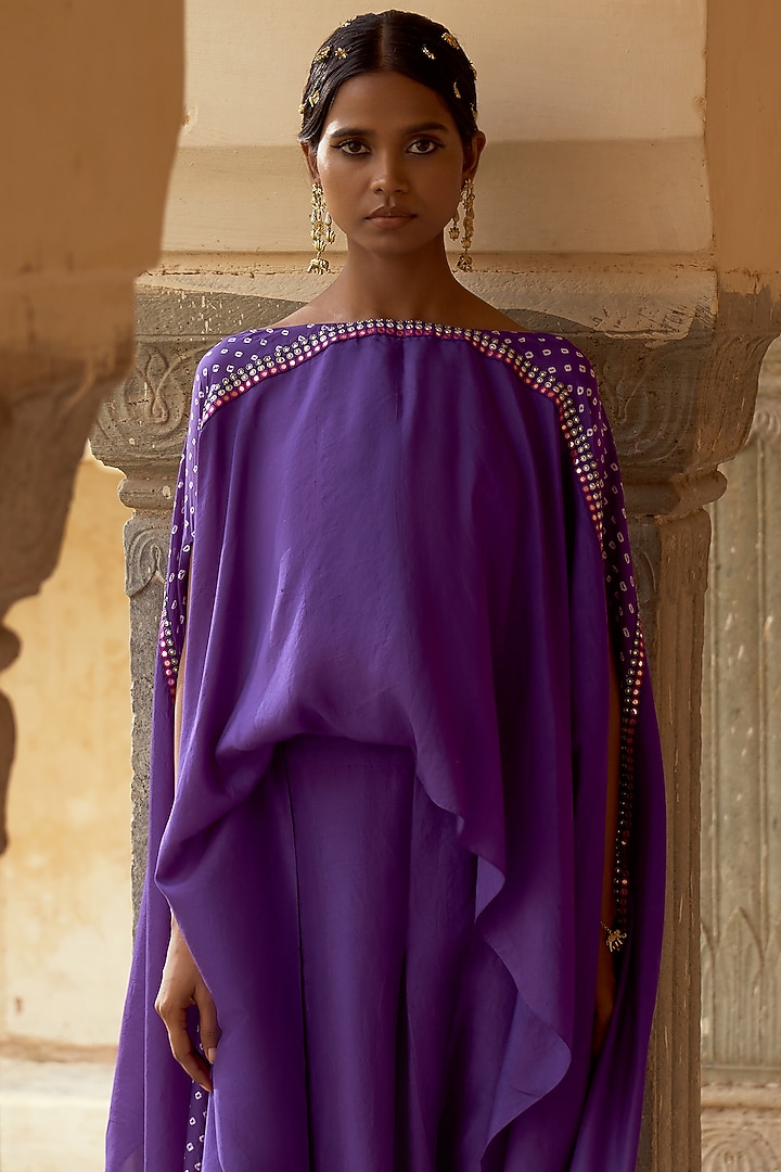 Purple Silk Bandhani Cape Set by Pink City By Sarika at Pernia's Pop Up Shop
