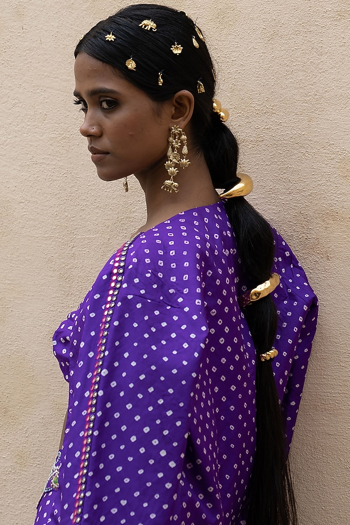 Purple Silk Bandhani Cape Set by Pink City By Sarika at Pernia's Pop Up Shop