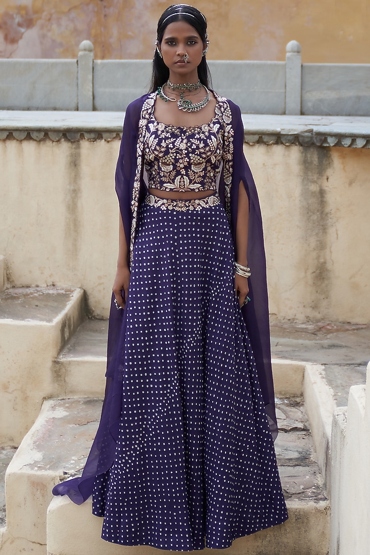 Purple Silk Bandhej Jacket Wedding Lehenga Set by Pink City By Sarika at Pernia's Pop Up Shop