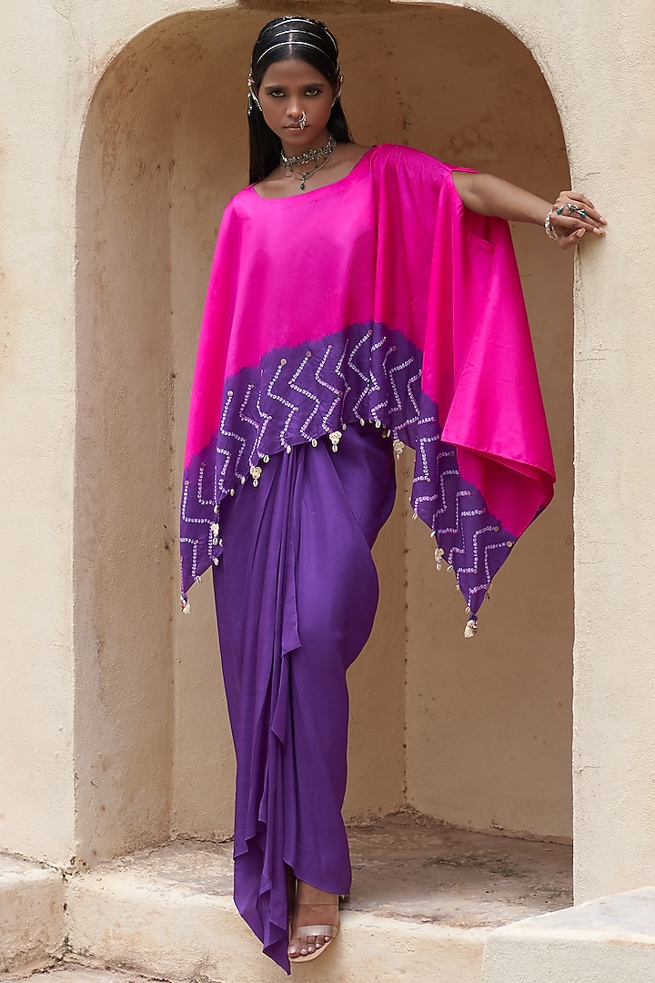 Hot Pink & Purple Silk Skirt Set by Pink City By Sarika at Pernia's Pop Up Shop