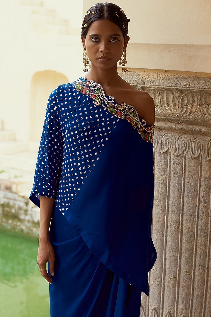 Electric Blue Silk Cape Set by Pink City By Sarika at Pernia's Pop Up Shop