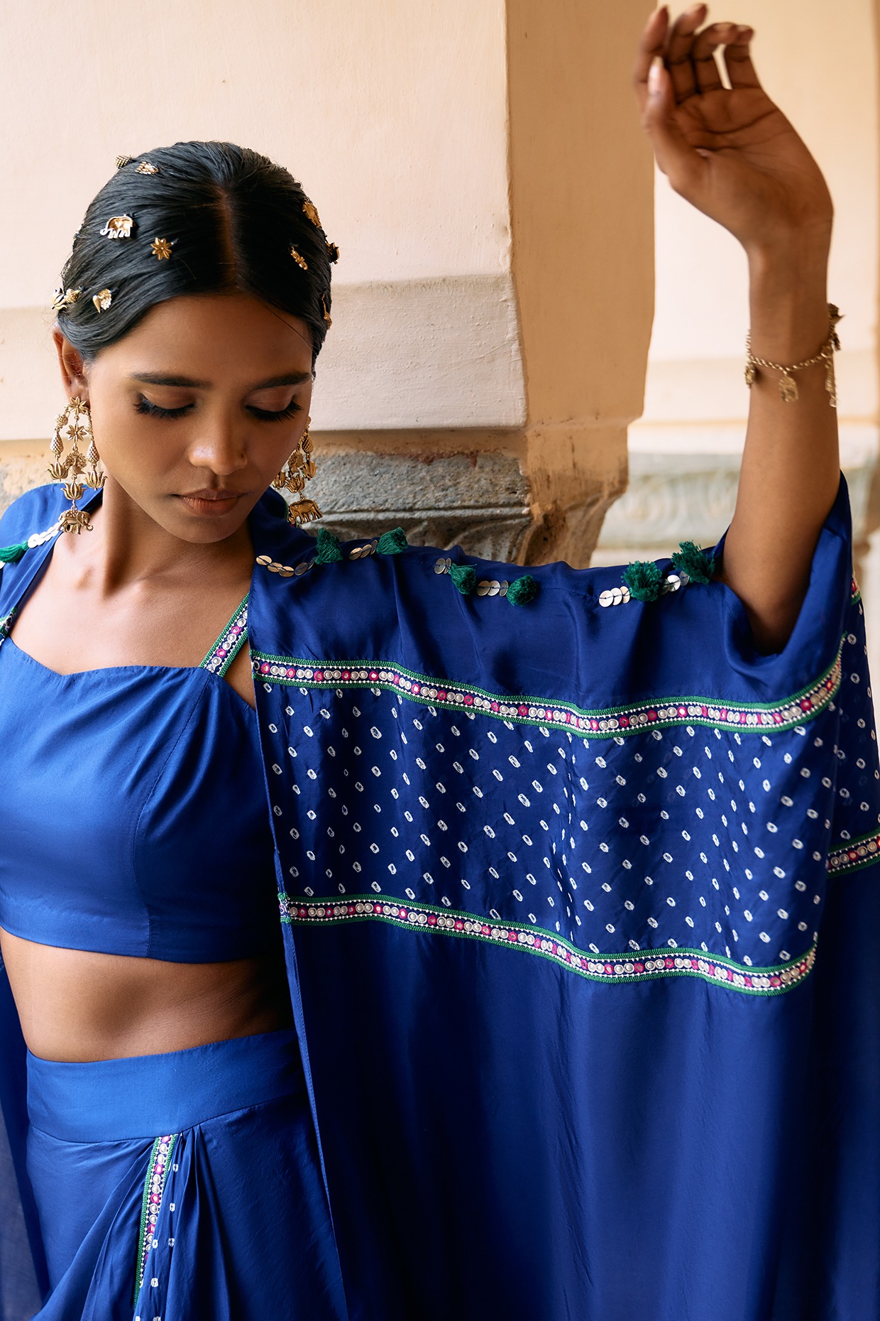 Electric Blue Silk Cape Set by Pink City By Sarika at Pernia's Pop