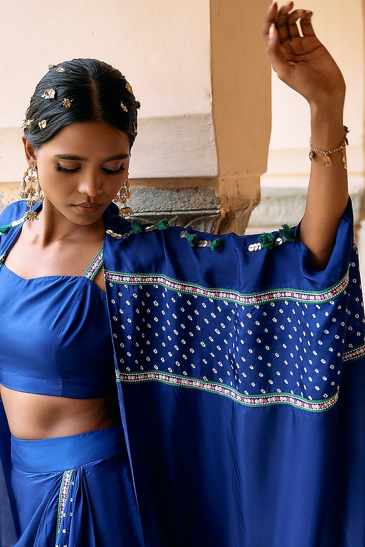 Electric Blue Silk Cape Set by Pink City By Sarika at Pernia's Pop Up Shop