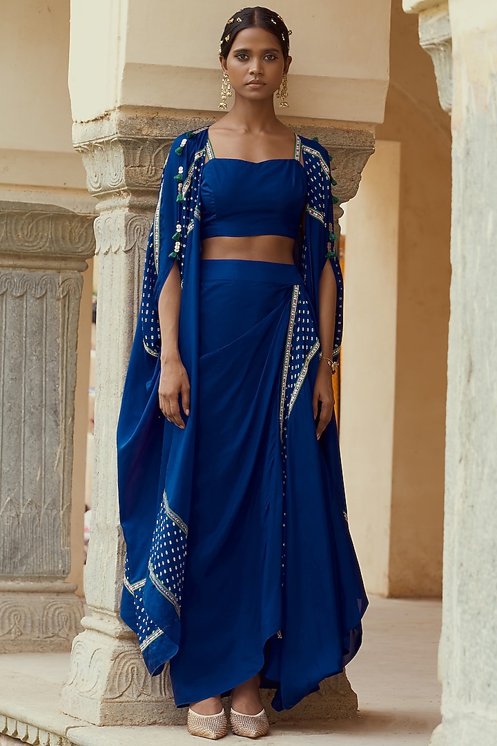 Electric Blue Silk Cape Set by Pink City By Sarika at Pernia's Pop Up Shop