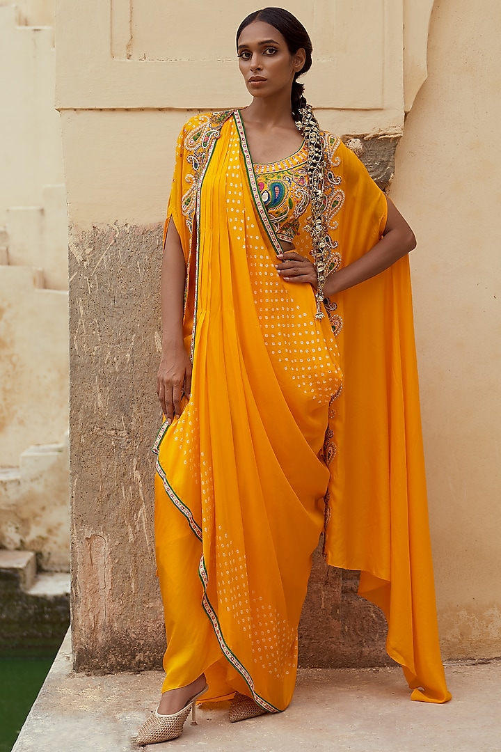 Yellow Silk Bandhej Cape Set by Pink City By Sarika at Pernia's Pop Up Shop