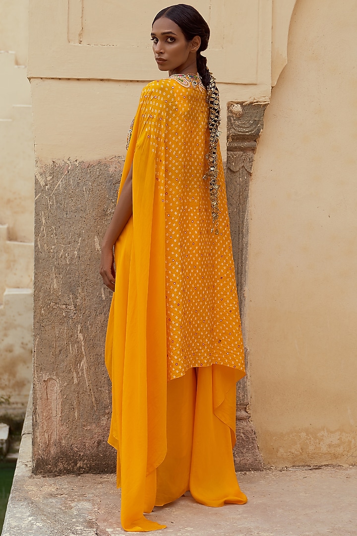 Yellow Silk Bandhej Cape Set by Pink City By Sarika at Pernia's Pop Up Shop