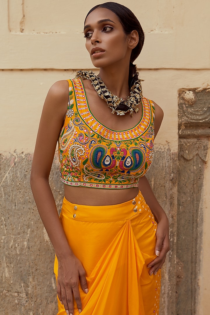 Yellow Silk Bandhej Cape Set by Pink City By Sarika at Pernia's Pop Up Shop