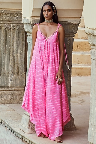 Pink Silk Asymmetrical Bandhej Jumpsuit by Pink City By Sarika