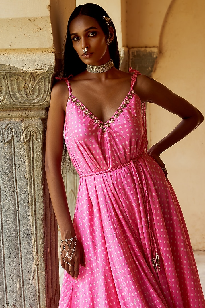 Pink Silk Asymmetrical Bandhej Jumpsuit by Pink City By Sarika at Pernia's Pop Up Shop