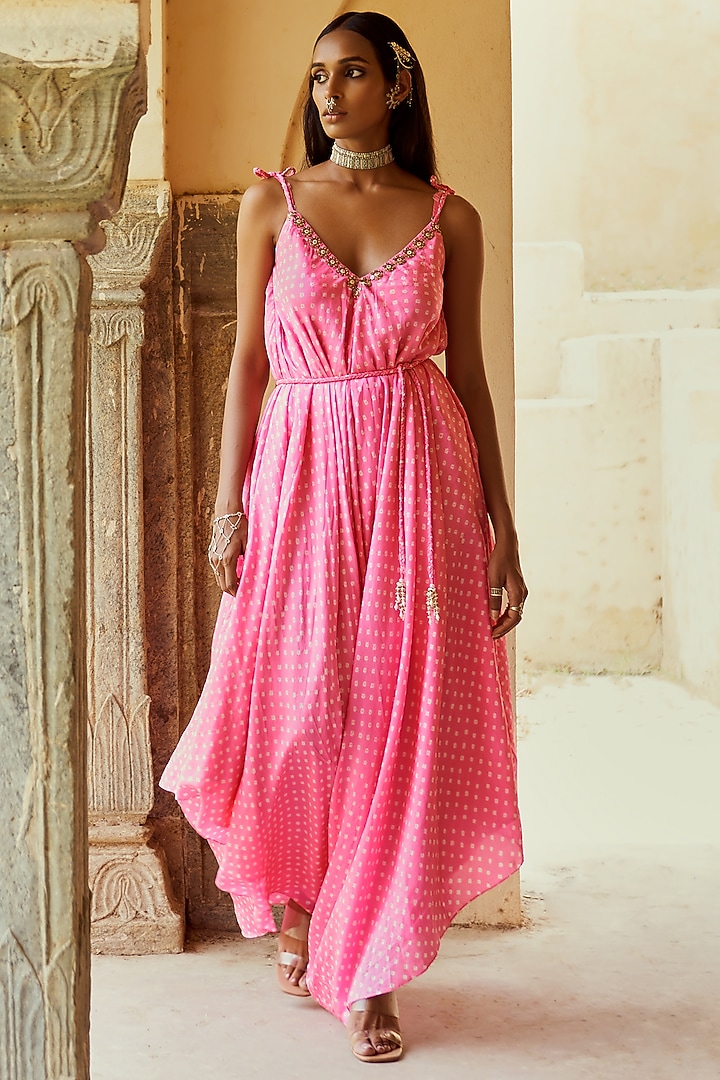 Pink Silk Asymmetrical Bandhej Jumpsuit by Pink City By Sarika at Pernia's Pop Up Shop
