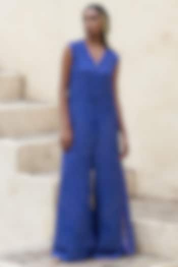 Electric Blue Silk Bandhani Jumpsuit by Pink City By Sarika at Pernia's Pop Up Shop