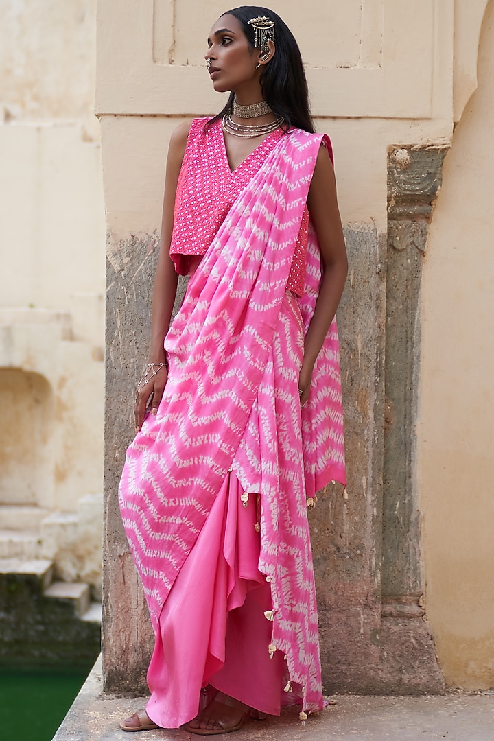 Pink Silk Printed Handwoven Skirt Saree Set by Pink City By Sarika at Pernia's Pop Up Shop