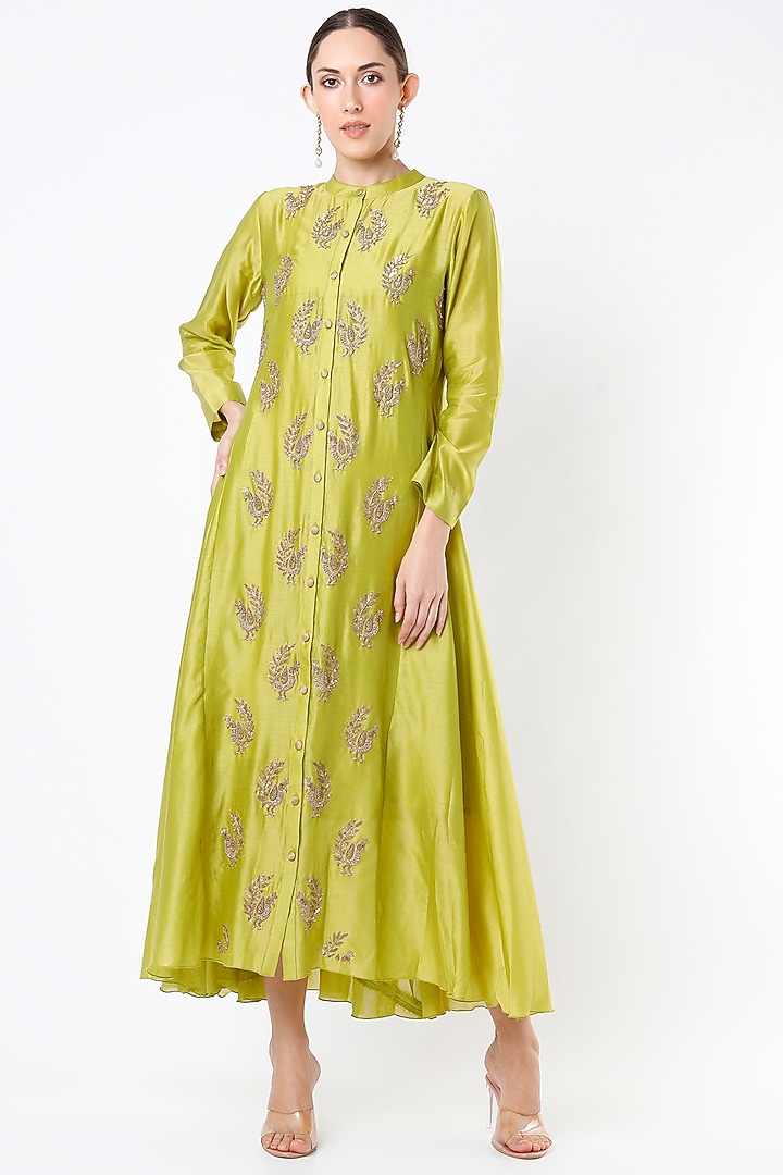 Lime Green Chanderi Tunic by Pink City By Sarika at Pernia's Pop Up Shop