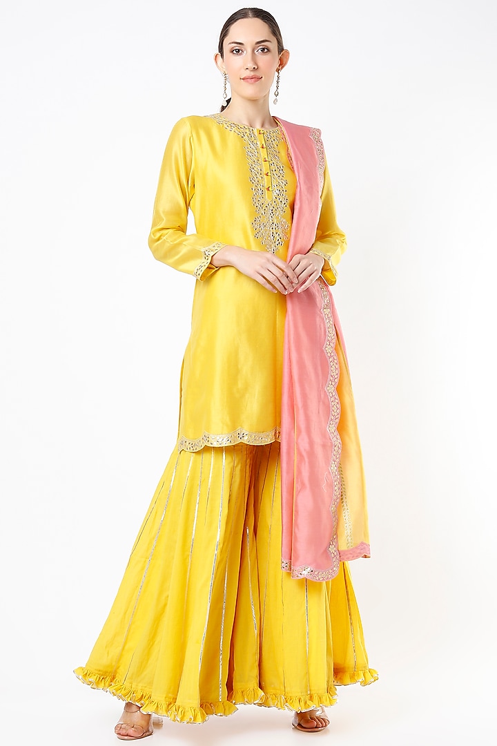 Yellow Embroidered Wedding Sharara Set by Pink City By Sarika at Pernia's Pop Up Shop
