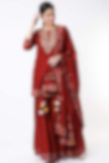 Burnt Red Silk Chanderi & Cotton Gharara Set by Pink City By Sarika at Pernia's Pop Up Shop