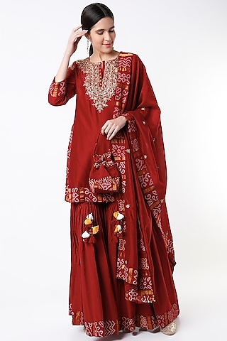 Burnt Red Silk Chanderi & Cotton Gharara Set by pink city by sarika