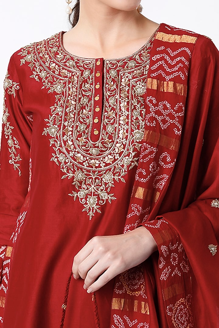 Burnt Red Silk Chanderi & Cotton Gharara Set by Pink City By Sarika at Pernia's Pop Up Shop