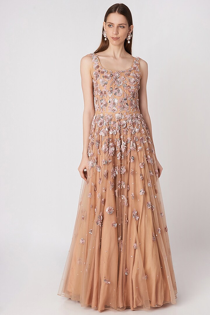 Old Rose Pink Embroidered Wedding Gown by Priya Chhabria at Pernia's Pop Up Shop